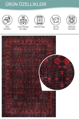 Relic Siyah Kırmızı Vintage Minimal Etnik Geometrik Desenli Dokuma Tabanlı Şönil Halı AL 563 - 6