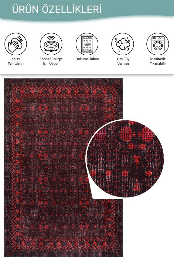Relic Siyah Kırmızı Vintage Minimal Etnik Geometrik Desenli Dokuma Tabanlı Şönil Halı AL 563 - 6