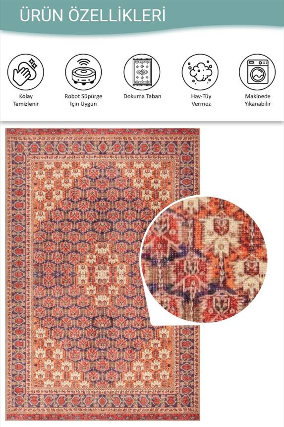 Relic Turuncu Vintage Dokulu Klasik Desenli Dokuma Tabanlı Şönil Halı AL 528 - 5