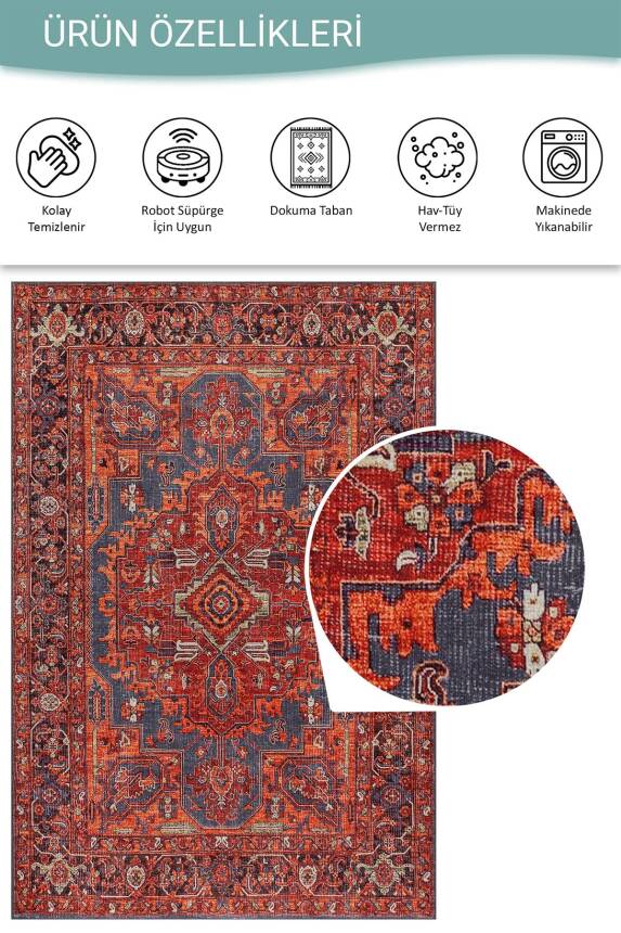 Relic Turuncu Vintage Klasik Madalyon Desenli Dokuma Tabanlı Şönil Halı AL 569 - 6