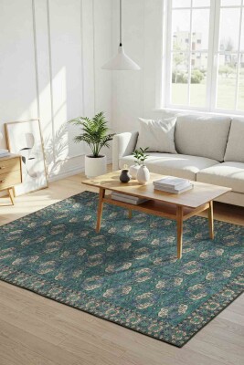 Relic Yeşil / Mavi Vintage Dokulu Klasik Desenli Dokuma Tabanlı Şönil Halı AL 472 - Artloop