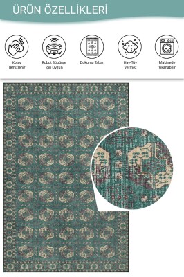 Relic Yeşil / Krem Vintage Dokulu Klasik Desenli Dokuma Tabanlı Şönil Halı AL 488 - 4
