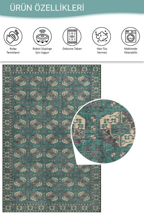 Relic Yeşil / Krem Vintage Dokulu Klasik Desenli Dokuma Tabanlı Şönil Halı AL 488 - 4