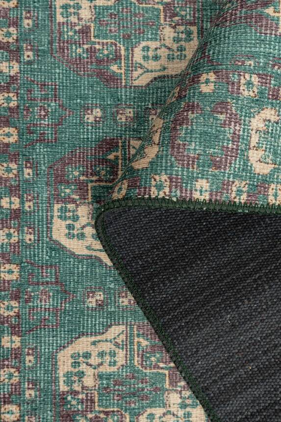 Relic Yeşil / Krem Vintage Dokulu Klasik Desenli Dokuma Tabanlı Şönil Halı AL 488 - 5