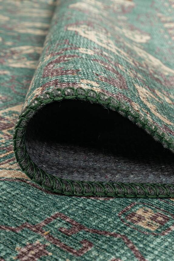Relic Yeşil / Krem Vintage Dokulu Klasik Desenli Dokuma Tabanlı Şönil Halı AL 488 - 6
