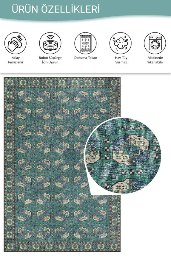 Relic Yeşil / Mavi Vintage Dokulu Klasik Desenli Dokuma Tabanlı Şönil Halı AL 472 - 4
