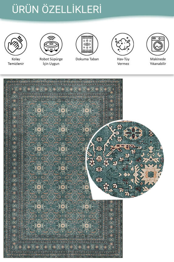 Relic Yeşil Vintage Dokulu Geleneksel Desenli Dokuma Tabanlı Şönil Halı AL 481 - 4