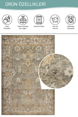 Relic Yeşil Vintage Dokulu Klasik Desenli Dokuma Tabanlı Şönil Halı AL 515 - 4