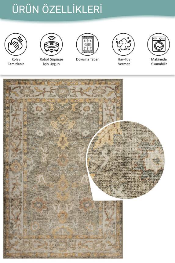 Relic Yeşil Vintage Dokulu Klasik Desenli Dokuma Tabanlı Şönil Halı AL 515 - 4