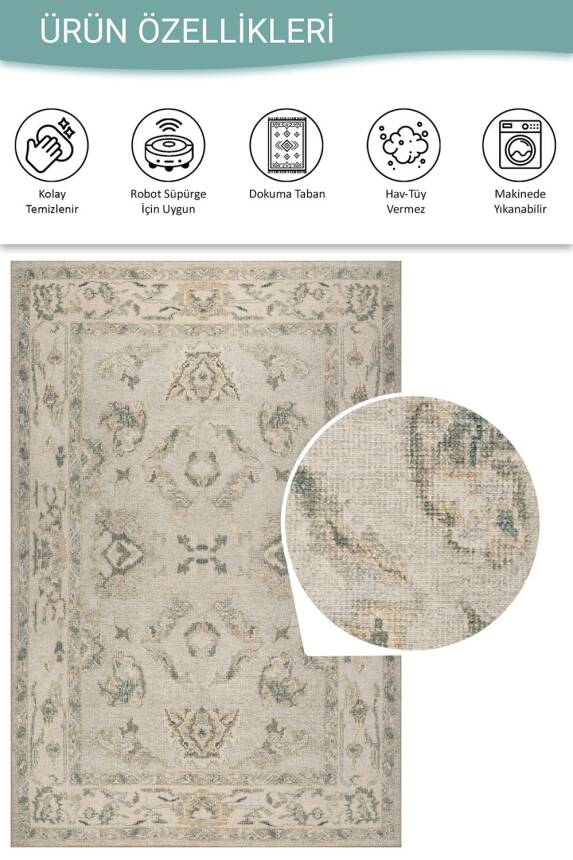 Relic Yeşil Vintage Dokulu Klasik Desenli Dokuma Tabanlı Şönil Halı AL 517 - 4