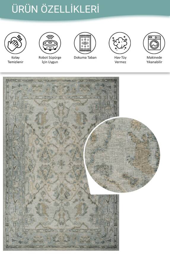 Relic Yeşil Vintage Dokulu Klasik Desenli Dokuma Tabanlı Şönil Halı AL 519 - 4