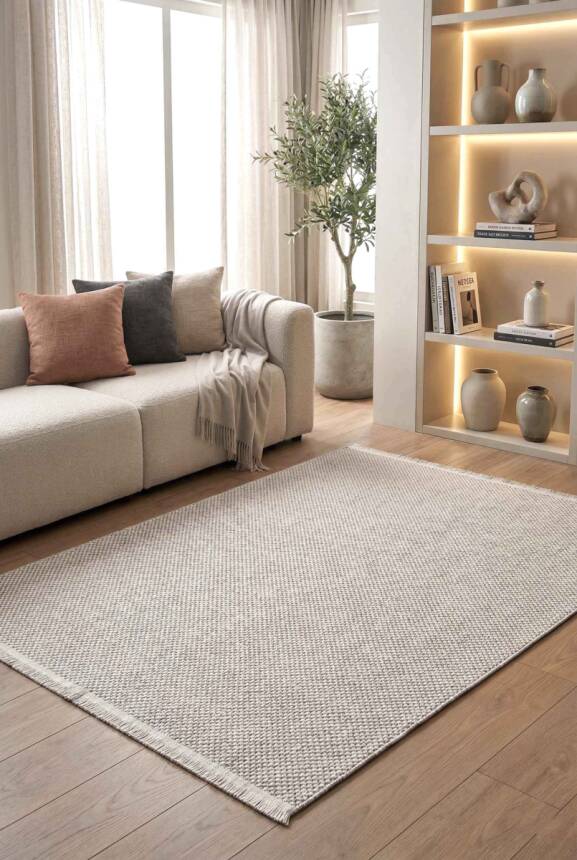 Ruvia Beyaz Vizon Robot Süpürgeye Uyumlu Kolay Temizlenebilir Halı Oturma Odası, Koridor, Yatak Odası Halısı RP 53 - 1