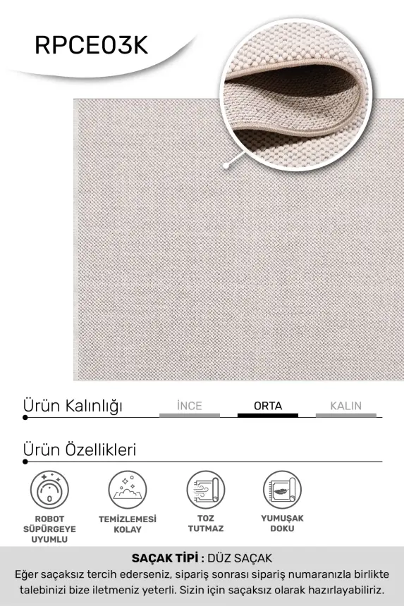 Ruvia Beyaz/Vizon Robot Süpürgeye Uyumlu Kolay Temizlenebilir Halı Oturma Odası, Koridor, Yatak Odası Halısı RP 53 - 5