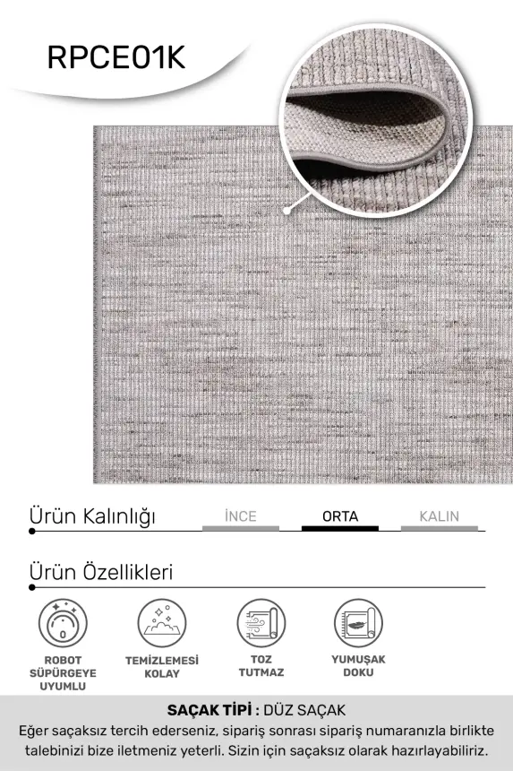 Ruvia Gri/Vizon Robot Süpürgeye Uyumlu Kolay Temizlenebilir Halı Oturma Odası, Koridor, Yatak Odası Halısı RP 51 - 3