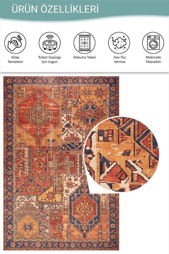 Soul Kiremit Renkli Vintage Dokulu Etnik Desenli Dokuma Tabanlı Şönil Halı AL 532 - 5