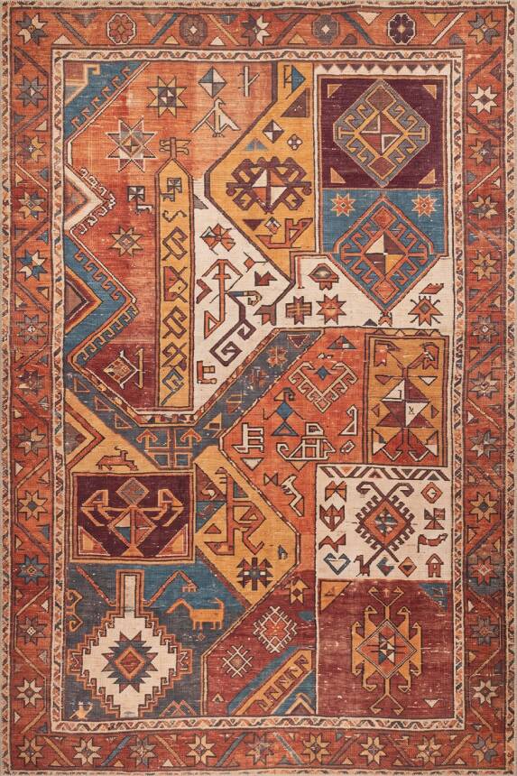 Soul Kiremit Renkli Vintage Dokulu Etnik Desenli Dokuma Tabanlı Şönil Halı AL 542 - 2