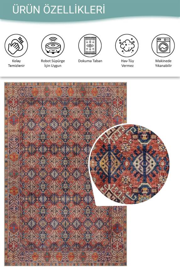 Soul Kırmızı Etnik Geometrik Motifli Dokuma Tabanlı Şönil Halı AL 561 - 5