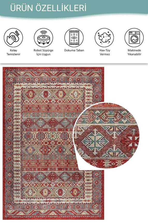 Soul Kırmızı Etnik Kilim Motifli Klasik Desenli Dokuma Tabanlı Şönil Halı AL 560 - 5