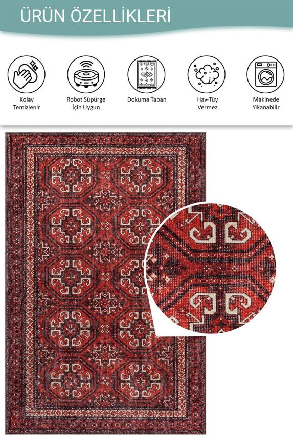 Soul Kırmızı Etnik Kilim Motifli Klasik Desenli Dokuma Tabanlı Şönil Halı AL 576 - 5
