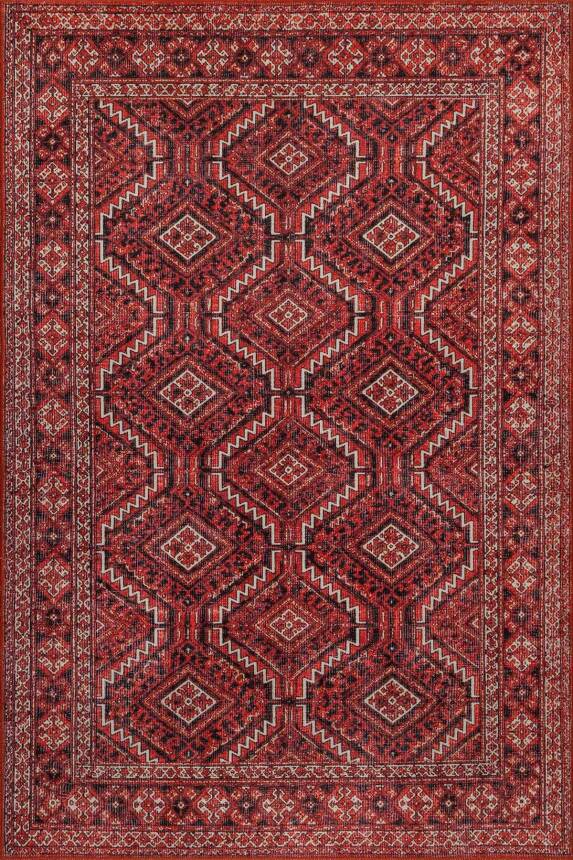 Soul Kırmızı Vintage Etnik Geometrik Desenli Dokuma Tabanlı Şönil Halı AL 616 - 1