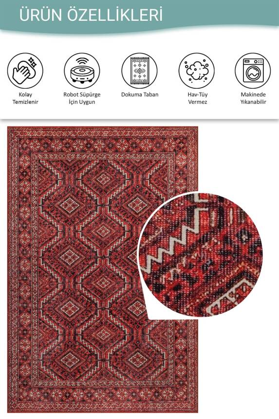 Soul Kırmızı Vintage Etnik Geometrik Desenli Dokuma Tabanlı Şönil Halı AL 616 - 5