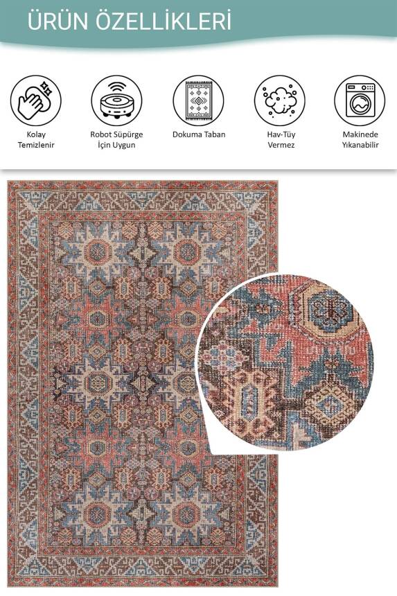 Soul Mavi Kiremit Vintage Etnik Geometrik Desenli Dokuma Tabanlı Şönil Halı AL 591 - 5