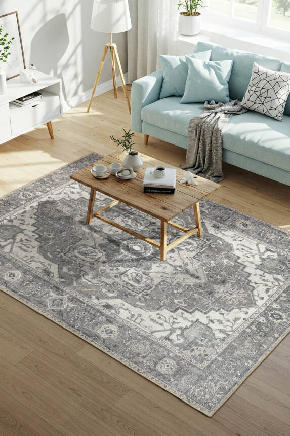 Stonart Eskitme Vintage Desenli Açık Gri Otantik Yıkanabilir Şönil Halı AL 450 - 1