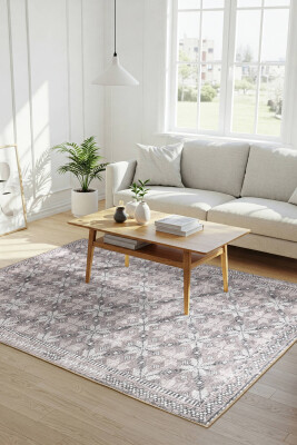 Stonart Eskitme Vintage Desenli Bej/Pudra Otantik Yıkanabilir Şönil Halı AL 459 - Artloop