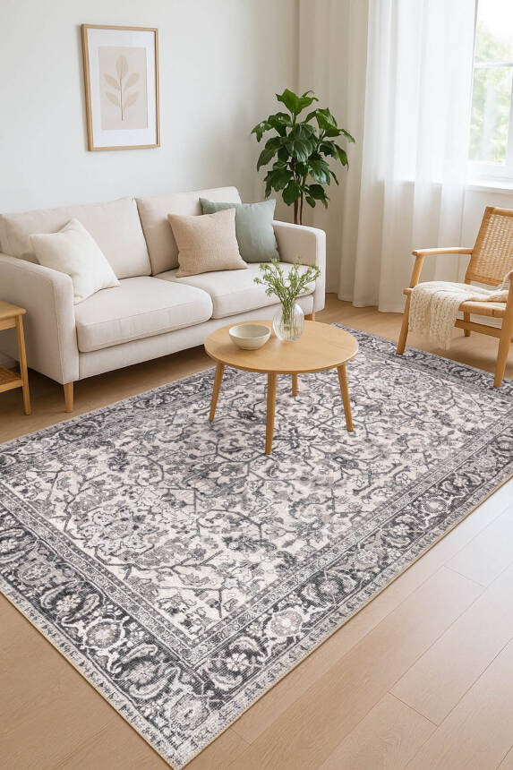 Stonart Eskitme Vintage Desenli Bej/Gri Otantik Yıkanabilir Şönil Halı AL 458 - 1