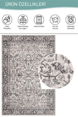Stonart Eskitme Vintage Desenli Bej/Gri Otantik Yıkanabilir Şönil Halı AL 458 - 4