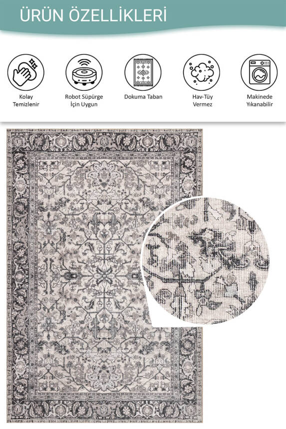 Stonart Eskitme Vintage Desenli Bej/Gri Otantik Yıkanabilir Şönil Halı AL 458 - 4