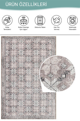 Stonart Eskitme Vintage Desenli Bej/Pudra Otantik Yıkanabilir Şönil Halı AL 459 - 4