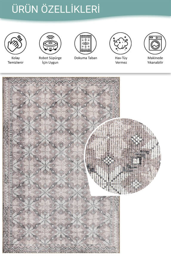 Stonart Eskitme Vintage Desenli Bej/Pudra Otantik Yıkanabilir Şönil Halı AL 459 - 4