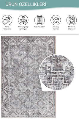 Stonart Eskitme Vintage Desenli Gri Otantik Yıkanabilir Şönil Halı AL 445 - 4