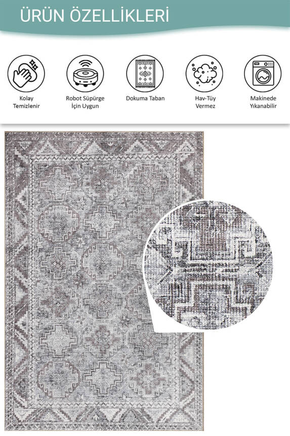 Stonart Eskitme Vintage Desenli Gri Otantik Yıkanabilir Şönil Halı AL 445 - 4