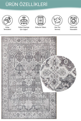 Stonart Eskitme Vintage Desenli Gri Otantik Yıkanabilir Şönil Halı AL 446 - 4