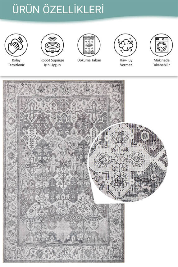 Stonart Eskitme Vintage Desenli Gri Otantik Yıkanabilir Şönil Halı AL 446 - 4