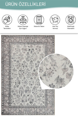 Stonart Eskitme Vintage Desenli Gri Otantik Yıkanabilir Şönil Halı AL 447 - 4