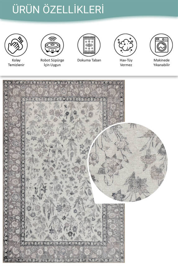 Stonart Eskitme Vintage Desenli Gri Otantik Yıkanabilir Şönil Halı AL 447 - 4