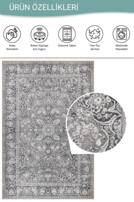 Stonart Eskitme Vintage Desenli Gri Otantik Yıkanabilir Şönil Halı AL 451 - 4