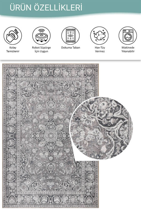 Stonart Eskitme Vintage Desenli Gri Otantik Yıkanabilir Şönil Halı AL 451 - 4