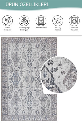 Stonart Eskitme Vintage Desenli Gri Otantik Yıkanabilir Şönil Halı AL 452 - 4