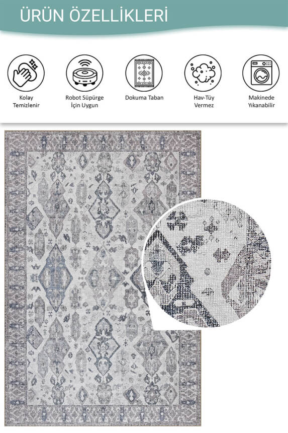 Stonart Eskitme Vintage Desenli Gri Otantik Yıkanabilir Şönil Halı AL 452 - 4