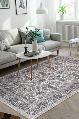Stonart Eskitme Vintage Desenli Gri Otantik Yıkanabilir Şönil Halı AL 453 - 1