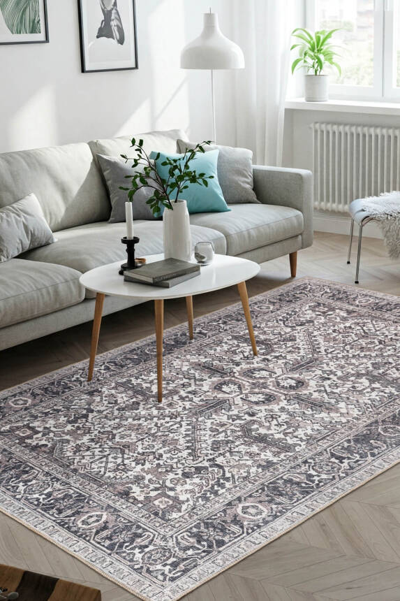 Stonart Eskitme Vintage Desenli Gri Otantik Yıkanabilir Şönil Halı AL 453 - 1