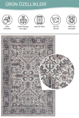 Stonart Eskitme Vintage Desenli Gri Otantik Yıkanabilir Şönil Halı AL 453 - 4
