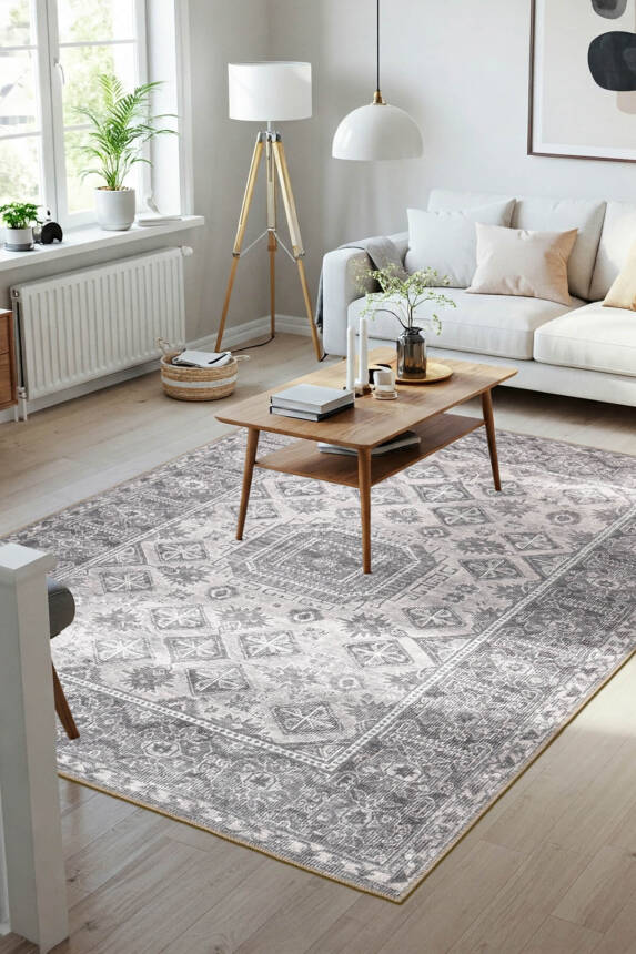 Stonart Eskitme Vintage Desenli Gri Otantik Yıkanabilir Şönil Halı AL 456 - 1
