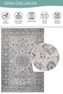 Stonart Eskitme Vintage Desenli Gri Otantik Yıkanabilir Şönil Halı AL 456 - 4