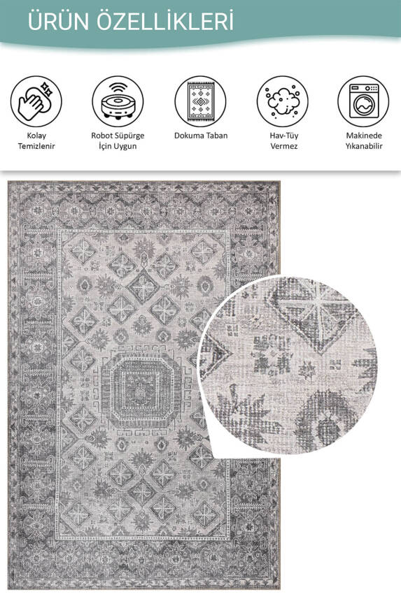 Stonart Eskitme Vintage Desenli Gri Otantik Yıkanabilir Şönil Halı AL 456 - 4