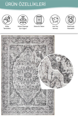 Stonart Eskitme Vintage Desenli Gri Otantik Yıkanabilir Şönil Halı AL 457 - 4